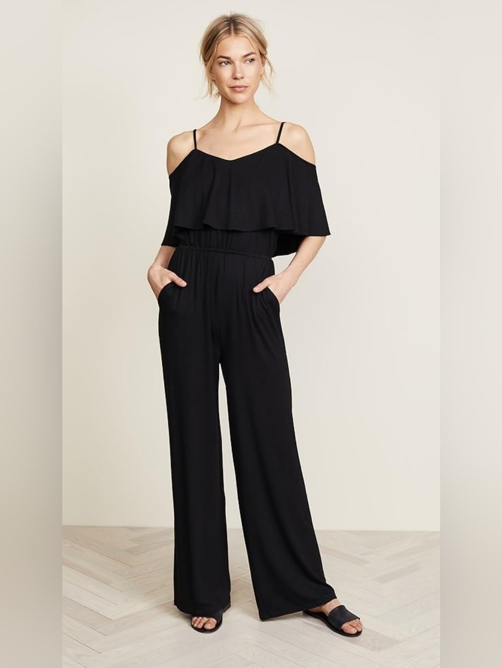 BB Dakota Black Ruffle-Front Spaghetti-Strap Jumpsuit